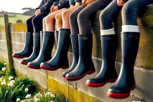 Young people sitting on a wall. They are wearing rubber boots (Image: AI). (Image: AI)