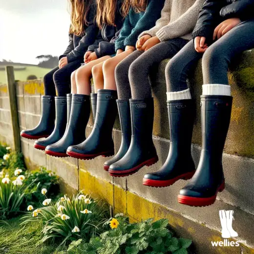 Young people sitting on a wall. They are wearing rubber boots (Image: AI). (Image: AI)